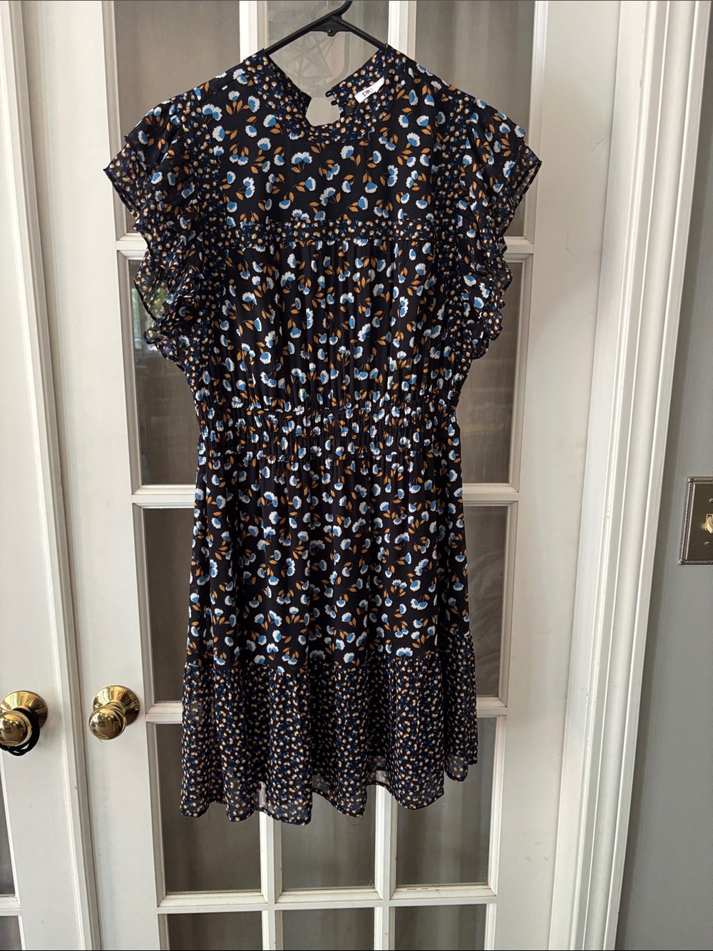 Black Floral Ruffle Sleeve Smocked Waist Dress - Blue & Brown Print